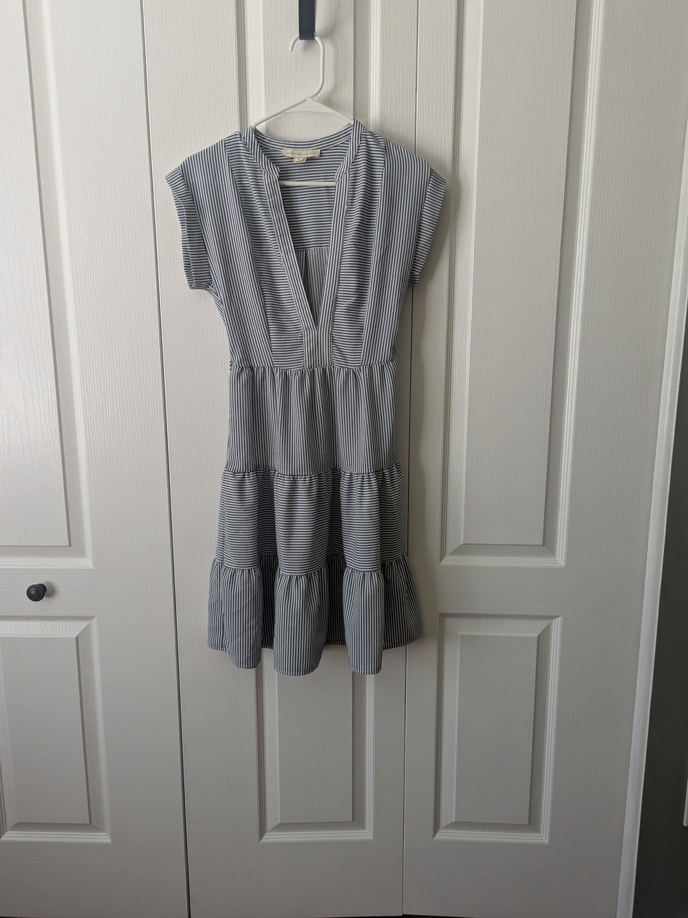 Monteau Blue & White Striped Tiered V-Neck Dress